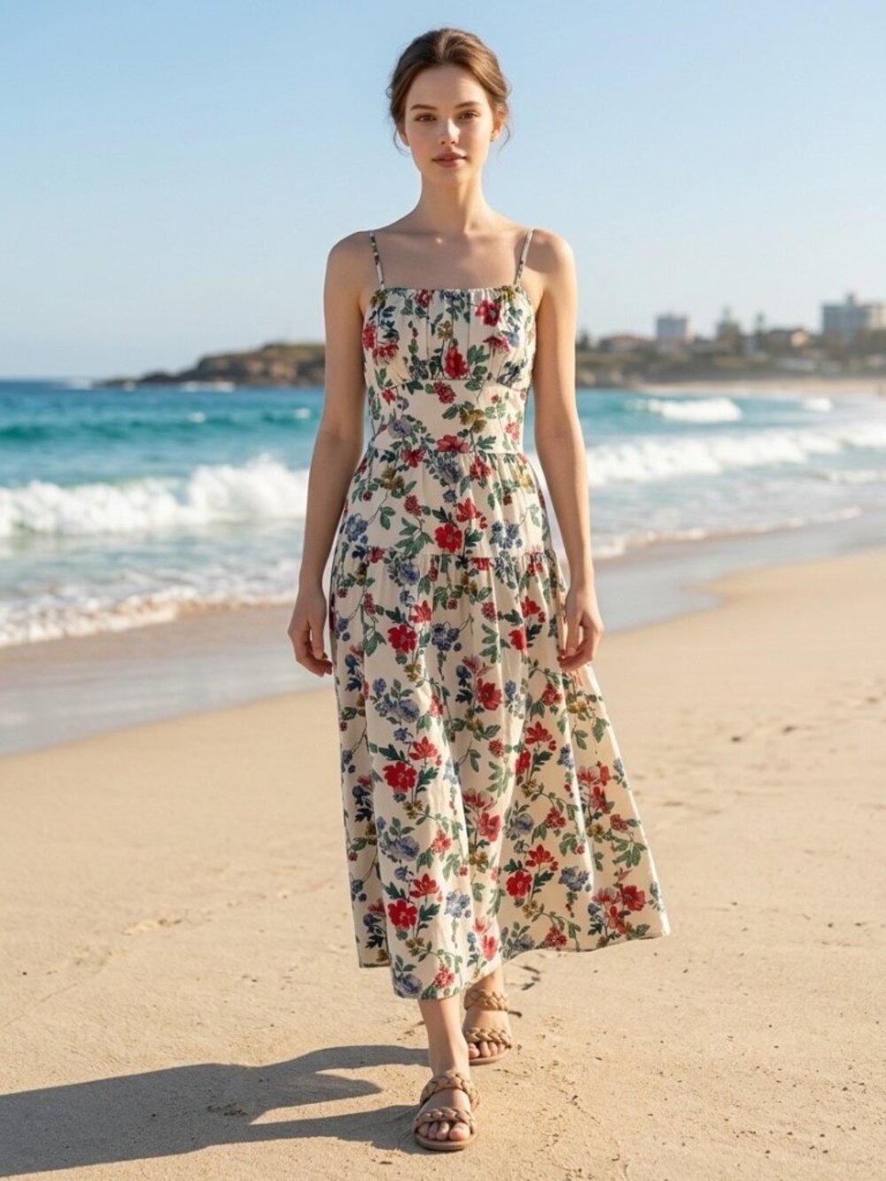 NWT Lucky Brand Floral Cotton Midi Dress Pockets Strappy Size 2